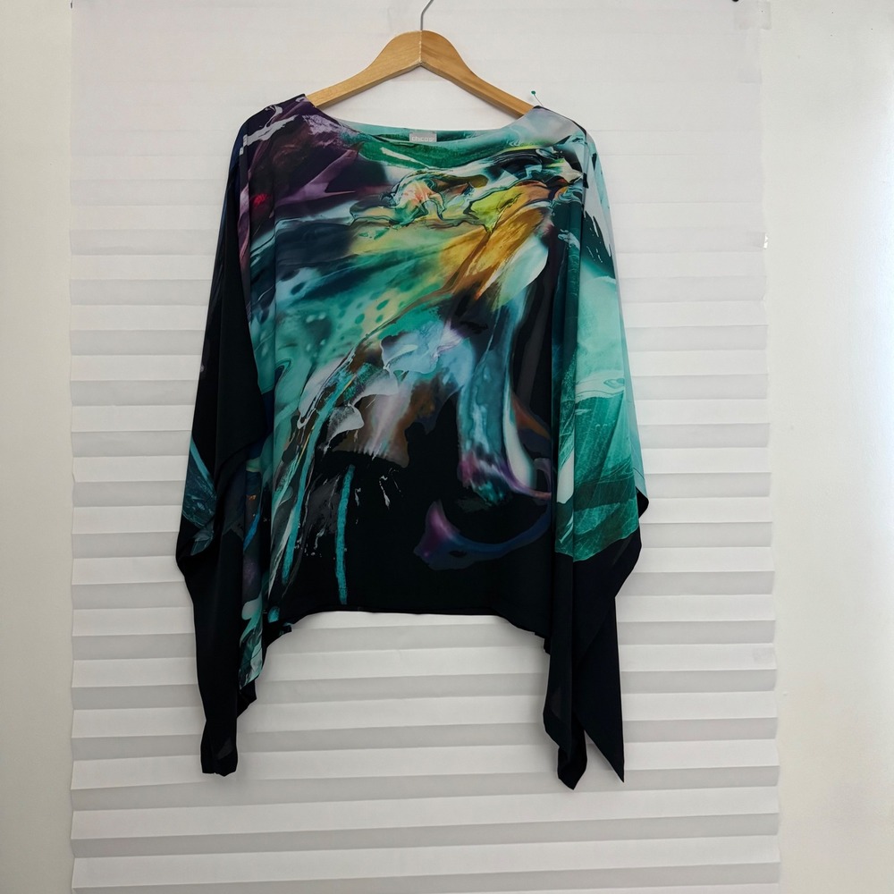 Chicos Abstract Print Poncho Top Teal Purple Black Size S/M Retro Draped Blouse